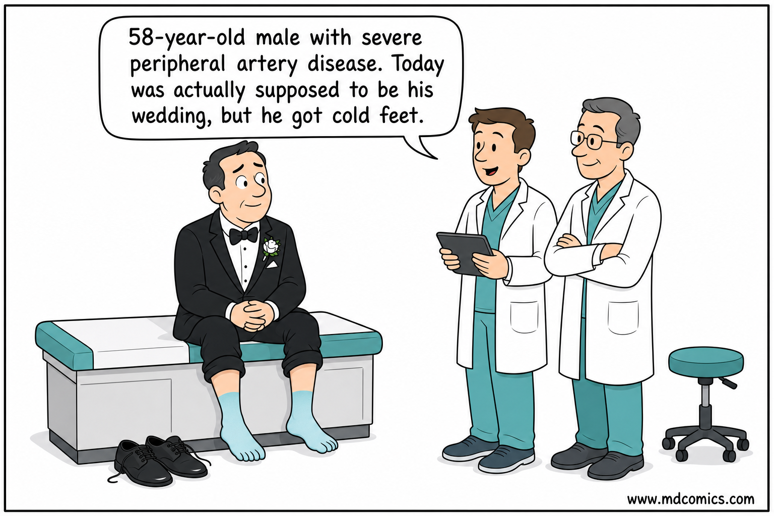 Single-panel vascular surgery clinic comic showing a groom in a tuxedo seated on an exam table with blue feet while a vascular surgery fellow presents him to an attending.