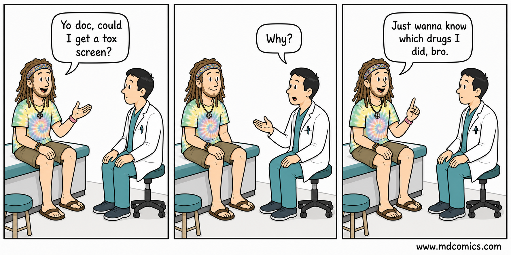 Three-panel clinic comic showing a laid-back tie-dye patient asking a doctor for a tox screen so he can find out which drugs he did yesterday.
