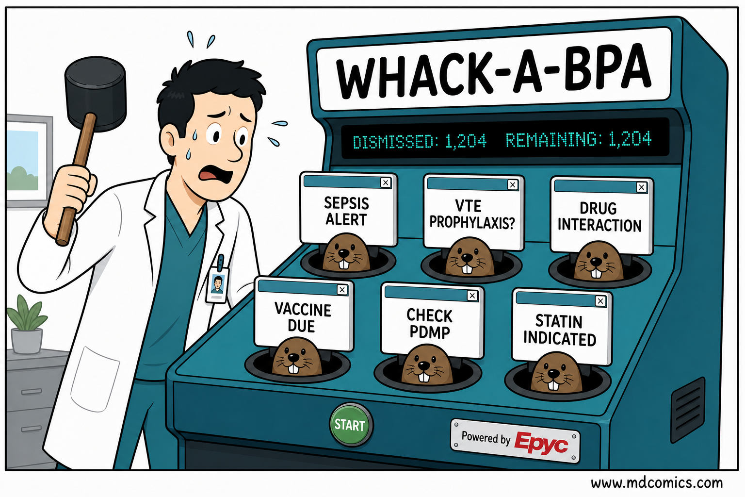 Single-panel medical comic showing an overwhelmed physician playing a WHACK-A-BPA arcade game with a mallet as six EHR alert pop-ups appear: sepsis alert, VTE prophylaxis, drug interaction, vaccine due, check PDMP, and statin indicated.