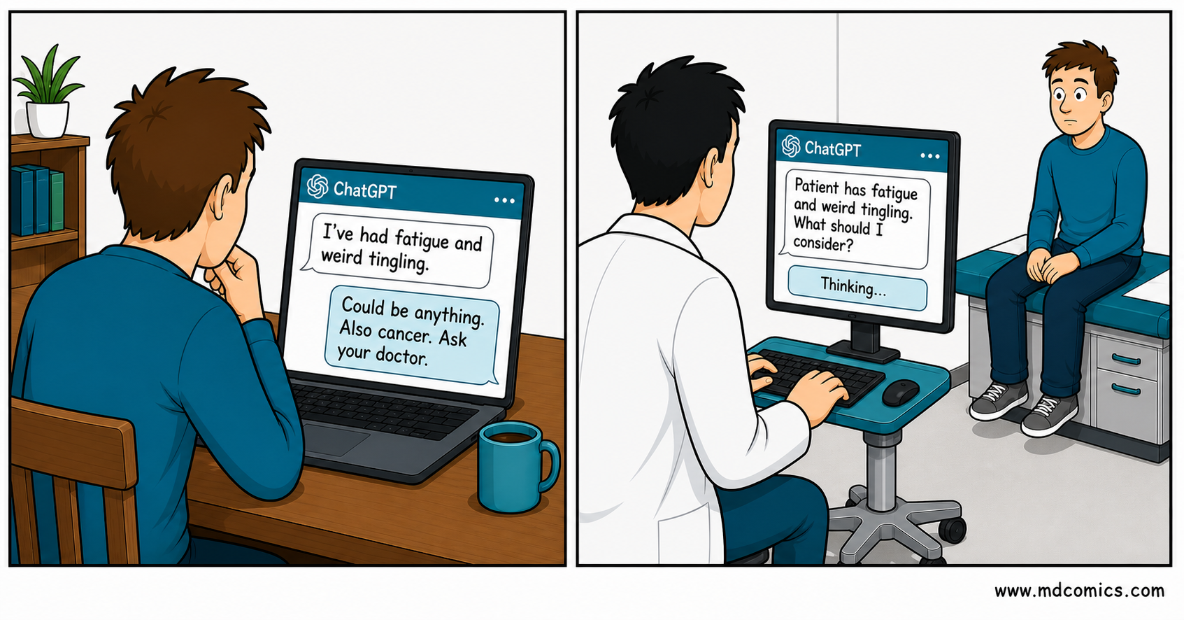 Two-panel medical comic. At home, a patient asks ChatGPT about fatigue and tingling and is told it could be anything, also cancer, and to ask a doctor. In clinic, the doctor quietly asks ChatGPT what to consider for the same symptoms while the patient cannot see the screen.