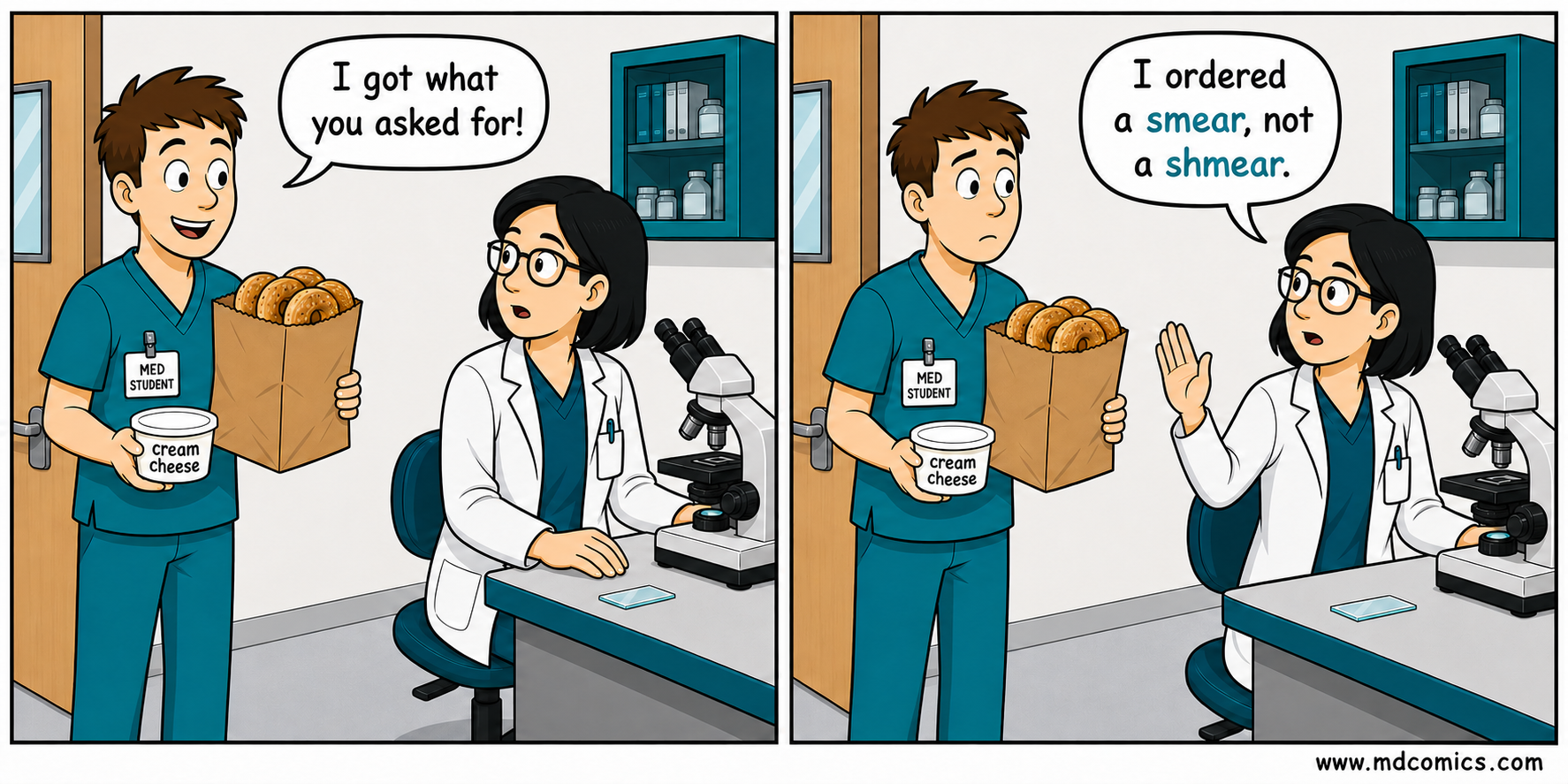 Two-panel medical comic. A med student wearing a MED STUDENT badge proudly brings bagels and cream cheese to a hematologist at a microscope. The hematologist clarifies that they ordered a smear, not a shmear.