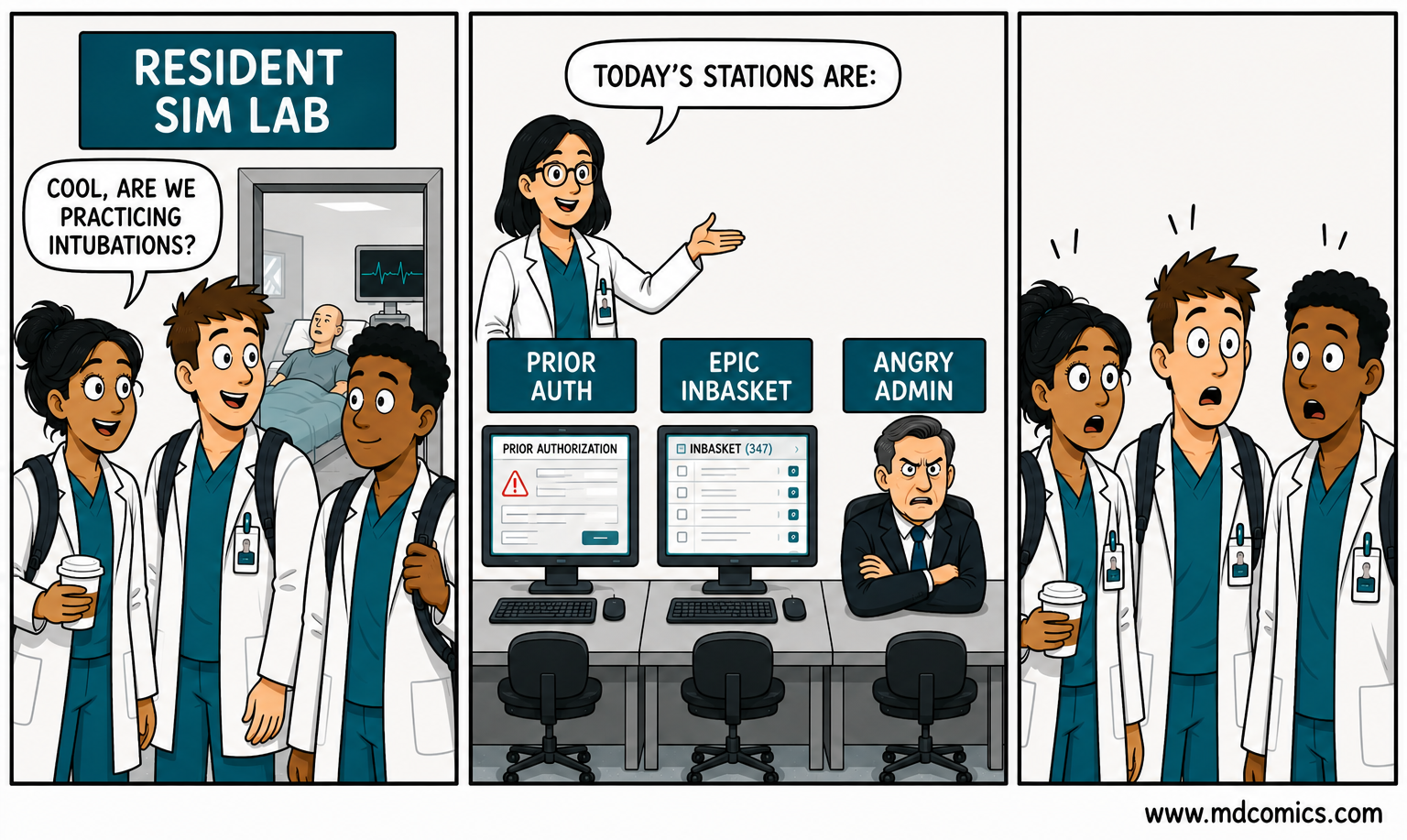 Three-panel medical comic. Three residents visit a hospital resident simulation lab expecting intubation practice, then react in horror when the stations are Prior Auth, Epic Inbasket, and Angry Admin.