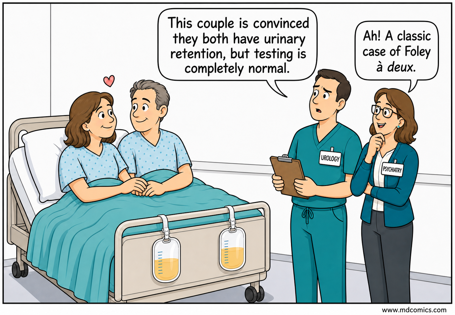 Single-panel medical comic. A couple sits together in a hospital bed with two urine collection bags hanging from the bed rail. A urologist says the couple is convinced they both have urinary retention, but testing is normal. A psychiatrist smiles and says, "Ah! A classic case of Foley à deux."
